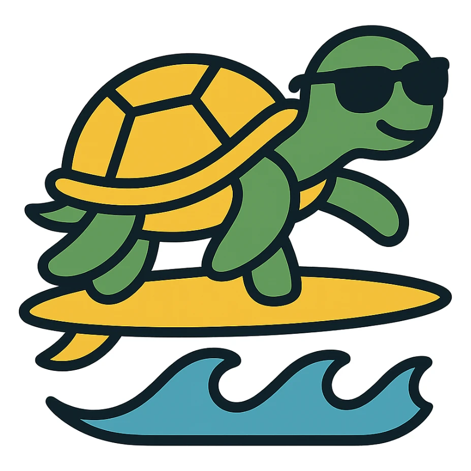 Add cool sunglasses to the surfing turtle. Keep the color outline icon style with clean lines, playful and modern look, no background. sticker