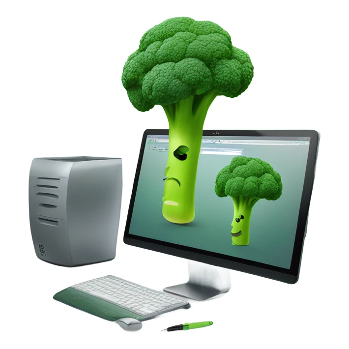 Generate a creative broccoli emoji sitting in front of a computer with a stylus, designing something on a screen. sticker