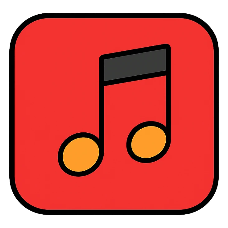 red music note app icon, flat design, bold red, music note symbol, minimal sticker