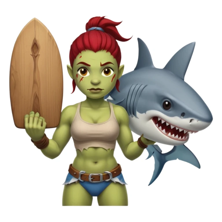 orc female holds a board with a shark painted vertically in his hands sticker