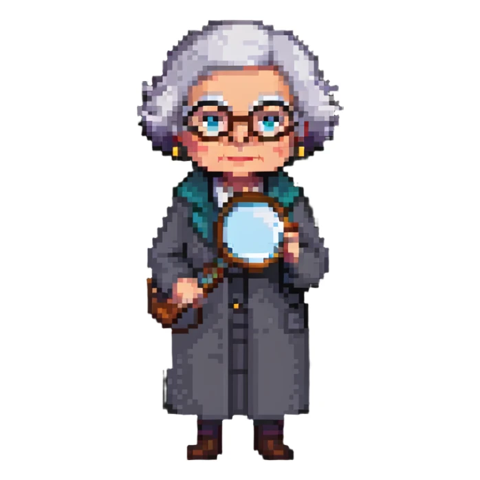 pixel art grandmother detective with a magnifying glass sticker