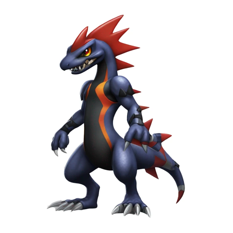 Black, Modern, Cool, Edgy, Badass Punk-style Garchomp-Charmeleon-Sergal Fakémon-Digimon with sharp edgy striking detailed stripe-markings,  full body sticker