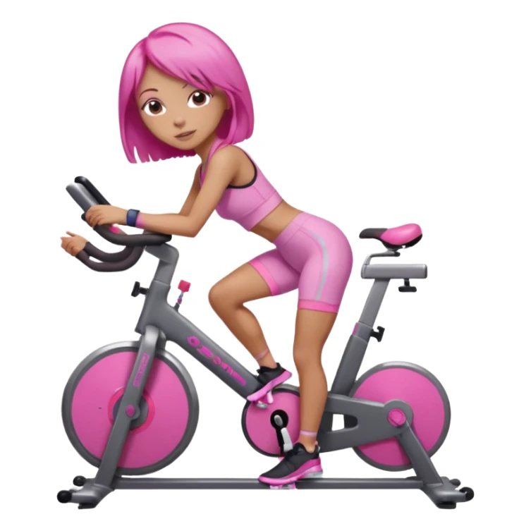 Light tan girl with a brown bob hat style with pink highlights in a pink workout set leaning on a indoor spin bike with NO HELMET,  but add pink hair highlights  sticker