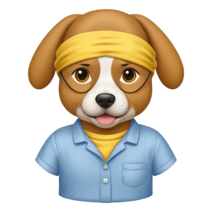 a dog with yellow sleep mask and wearing shirt sticker