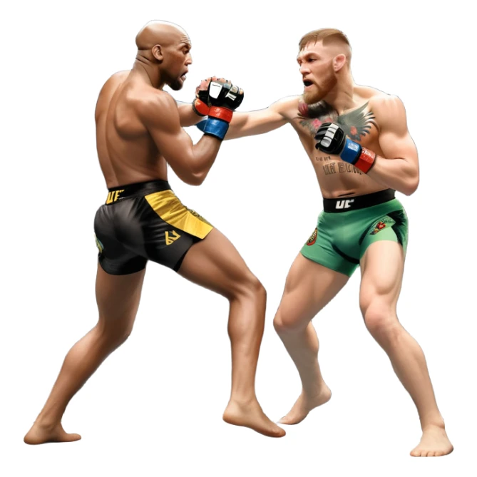 An MMA showdown between Conor McGregor and Anderson Silva in the octagon. McGregor is executing a jumping strike, while Silva skillfully deflects the attack. The background shows the UFC octagon with roaring fans and vibrant energy. Transparent background. sticker