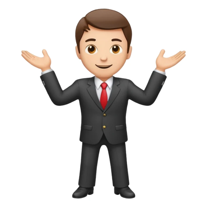 Sticker of a man in a business suit, front view, arms extended forward, friendly expression, clean cartoon style, bold outlines, minimal background, emoji sticker style sticker