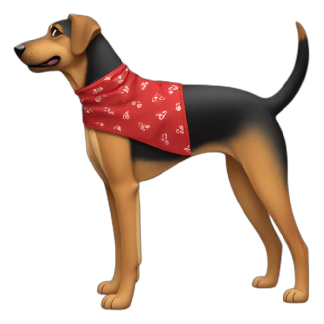 75% Coonhound 25% German Shepherd mix dog wearing small plain red bandana side view full body left facing sticker