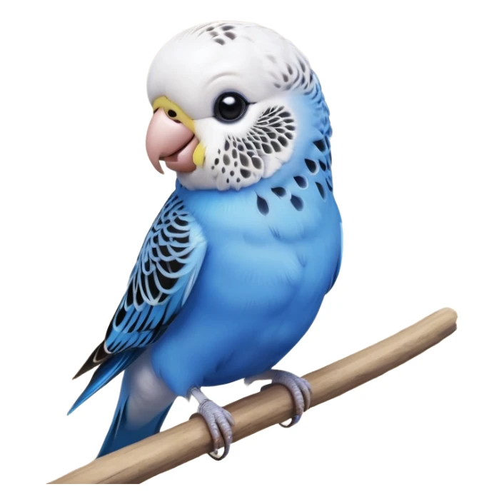 cinematic-cute-blue-budgie-portrait-emoji,-head-tilted-playfully-and-inquisitively,-featuring-a-brilliant-blue-feathered-fur-and white and black feathered face-with-a-natural-sheen,-round,-sparkling-dark-eyes-filled-with-curiosity,-simplified-yet-irresistibly-adorable sticker