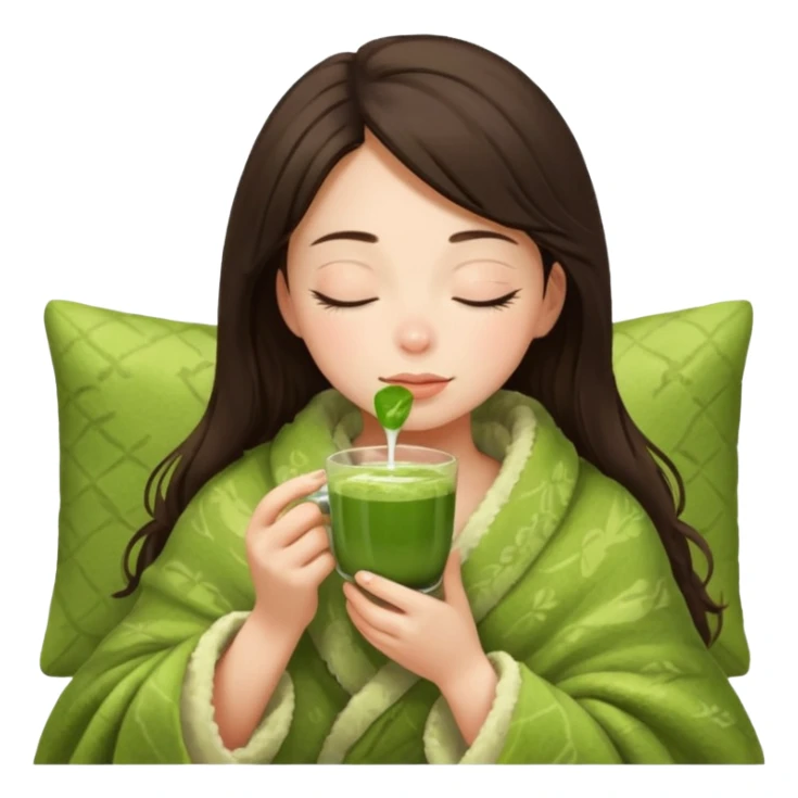 Brunette girl in a blanket sipping matcha eyes closed sticker