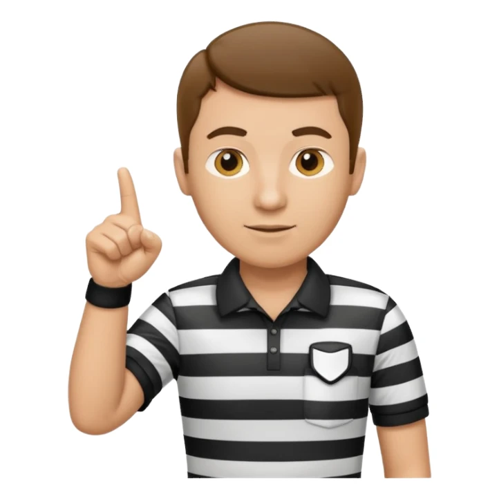 A calm referee with striped shirt, pointing clearly toward the field. sticker