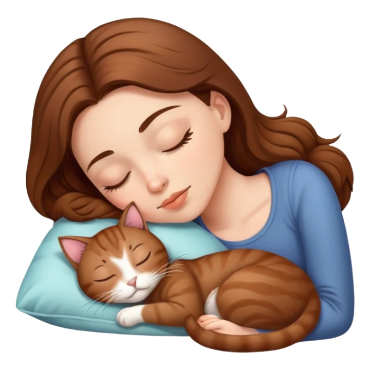 White girl brown hair sleeping with brown kitty sticker