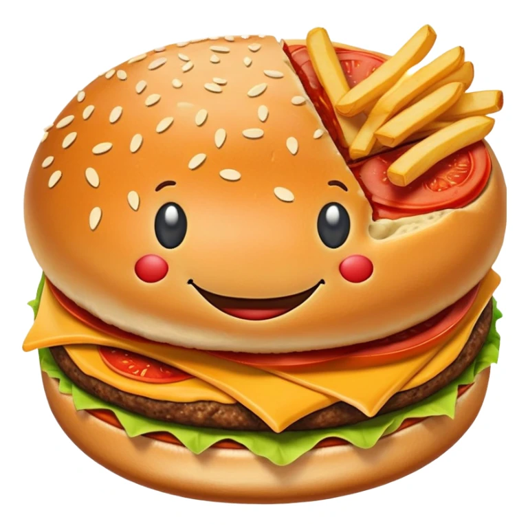A happy smiling burger next to a pizza slice and french fries sticker