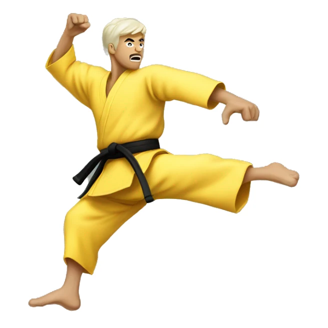 a karate man doing a flying kick mid-air, yellow skin sticker