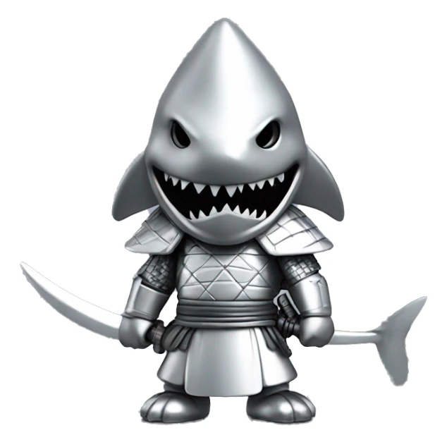 A fully silver chrome figurine of a shark in a samurai outfit. sticker