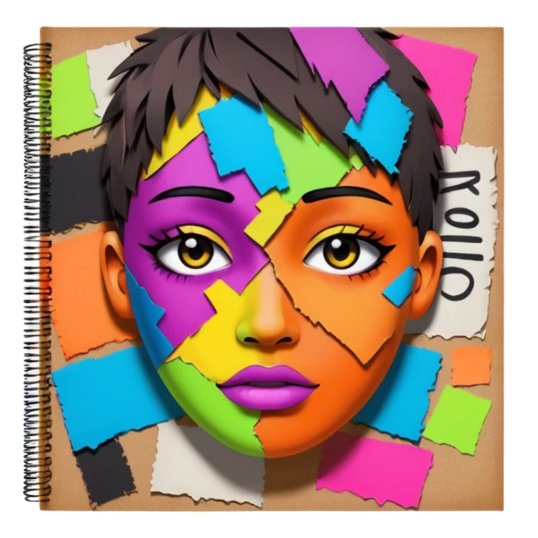 Colourful dark neon graffiti scribble scrapbook patchwork Person face portrait made entirely of multicoloured torn up magazines sticker