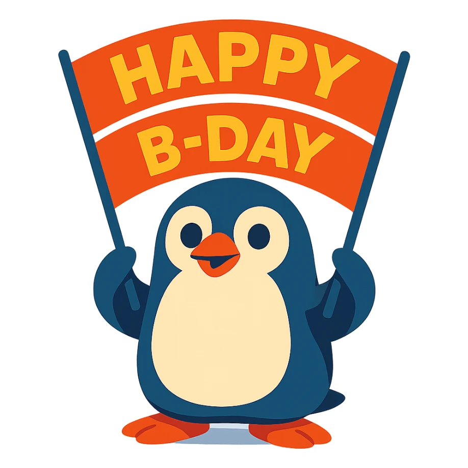 penguin holding a "Happy B-Day" banner, vibrant-toon style sticker