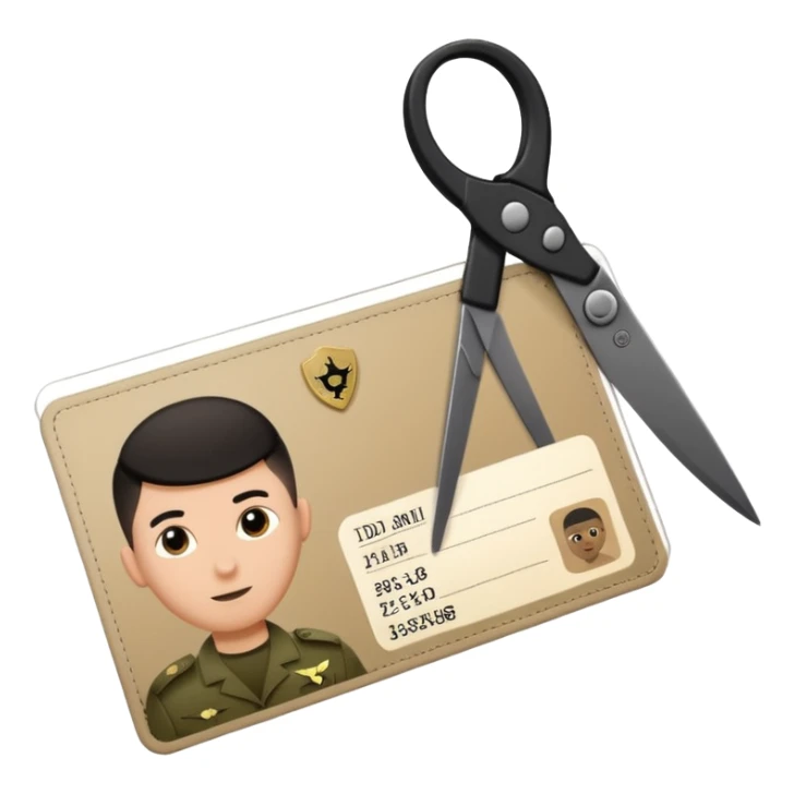 Floating black Scissors cutting in half an idf soldier ID card with a little chip in 2 parts sticker