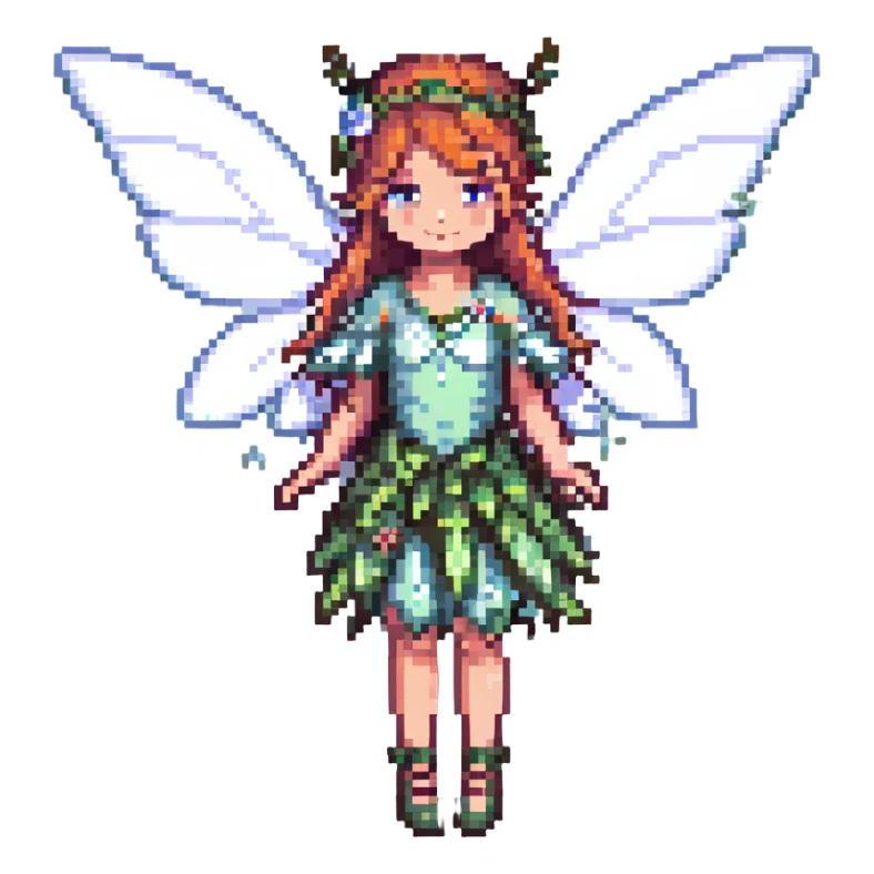 a fairy with delicate wings, pixel art style sticker