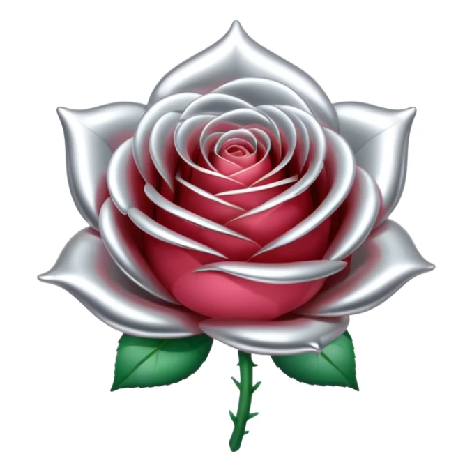 A rose emoji made of liquid silver metal, smooth metallic petals, reflective chrome surface, soft gradients, elegant shape, minimalistic iOS emoji style, centered, clean white background, realistic highlights, no text sticker