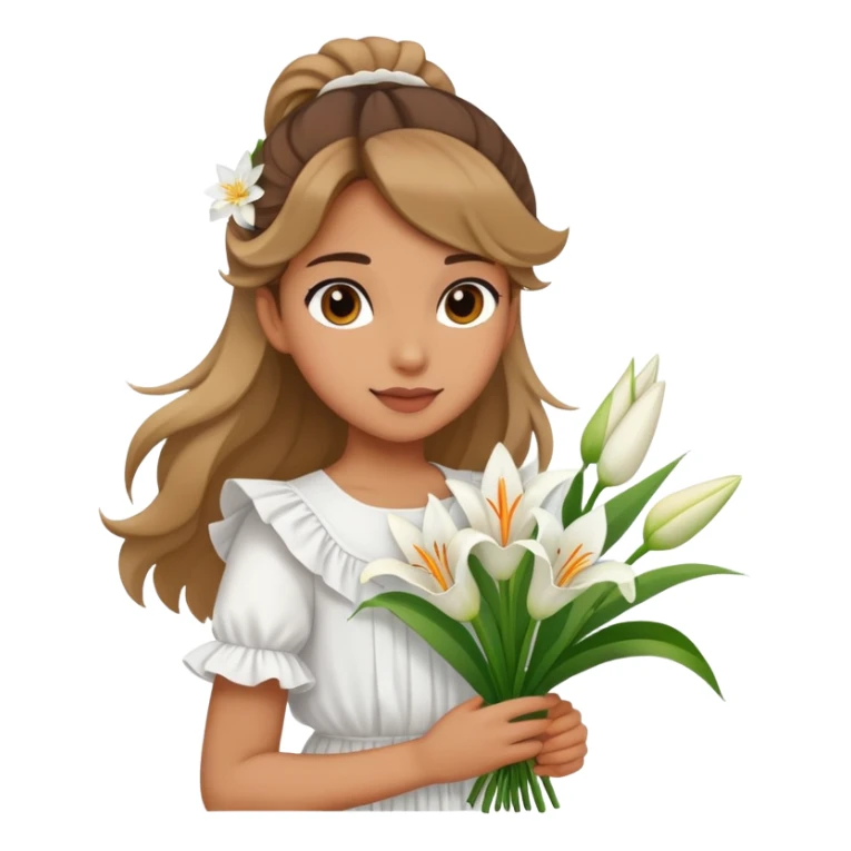  A girl with a half-up half-down hairstyle, and a white ruffled top, enjoying the spring breeze.Holding a bundle of lily sticker
