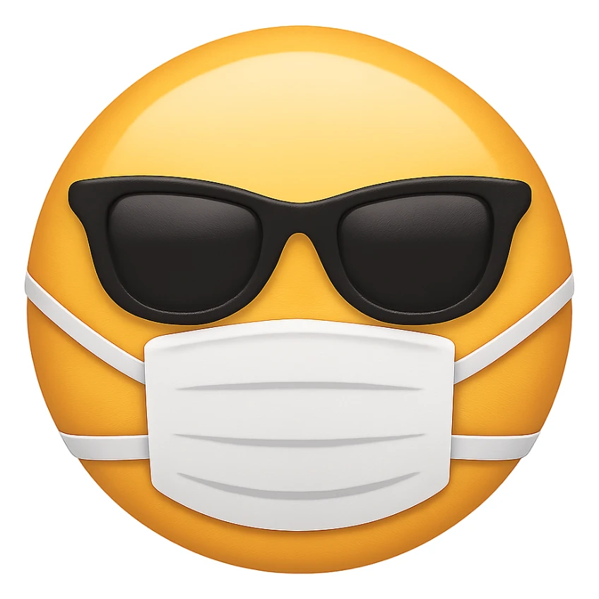 face with mask and sunglasses emoji, digital illustration, no background sticker