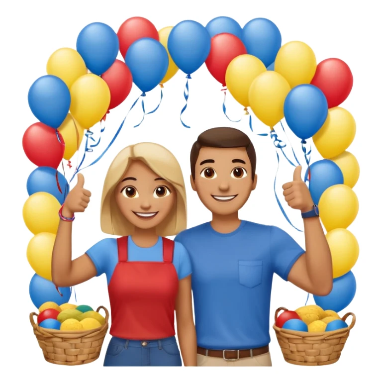 party table decorated with red blue and yellow colors, including a backdrops, balloons arch, streamers and more. On the table are intricate displays of colombian arepas, and baskets of money. In the forefront is a woman and man in simple clothing, big smiles and big thumbs up sticker