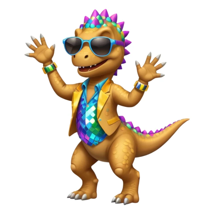 Un dinosaurio bailando con outfit disco y gafas oscurass. sticker