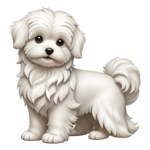 detailed-[wavy haired maltese-dog]-realistic-full-body-sitting-emoji,-tail-resting-loosely-beside-its-paws,-head-tilted-dramatically,--wavy-[white]-fur,-simplified-yet-realistic-focused-features,-highly-detailed,-glowing-with-an-almost-sarcastic sticker
