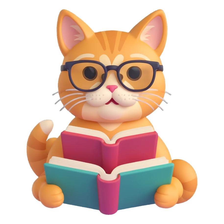 A cat with glasses reading a book, bright and cheerful colors, dynamic pose, engaging scene sticker