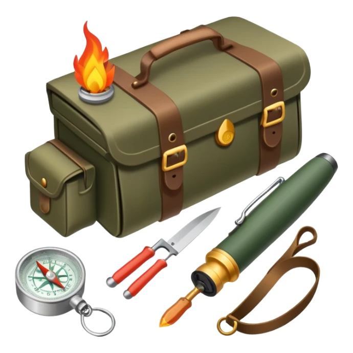 bushcraft survival kit with knife, compass, and fire starter sticker