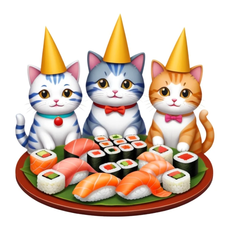 Cats gathered around sushi at a birthday party sticker