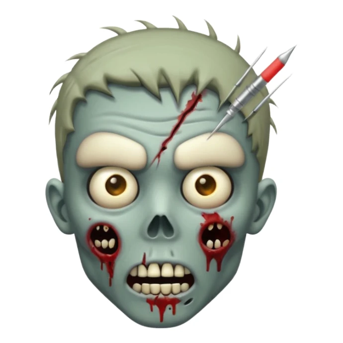 zombie with a needle stuck in its head, expressive face, emoji style, no background sticker