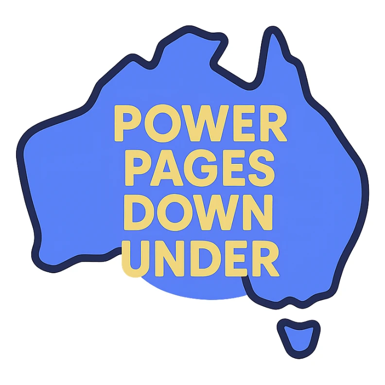modern clean icon of Australia map with no border, text 'Power Pages Down Under' in bold geometric font, color scheme #403DAD, vibrant purple, #fff7ad, no Power Pages icon, no digital overlays sticker