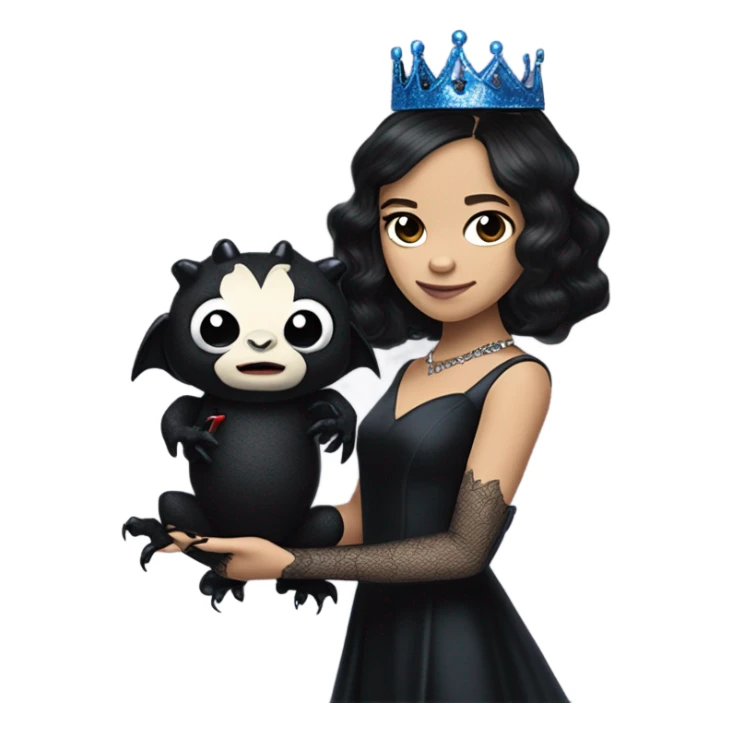 relaxed low-cut back silk black evening gown with lace gloves, Jenna Ortega as Addams woman prom queen wearing a mini tiara, very large blood blue evil-looking horned old dragon hand puppet sticker