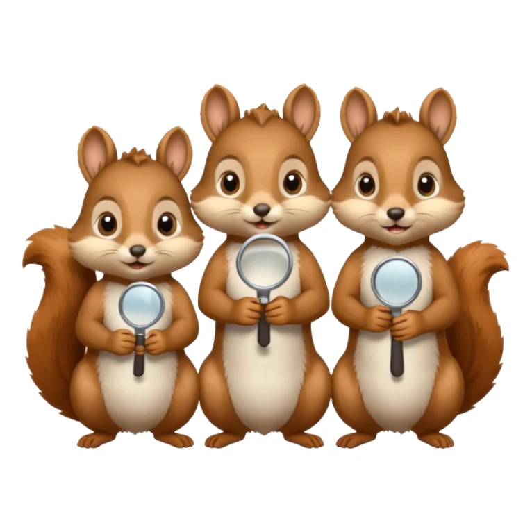 multiple cute squirrels each holding a huge magnifying glass, searching for something together, emoji style sticker