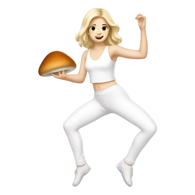 White Girl wearing an all white dancing outfit dancing with a mushroom  sticker
