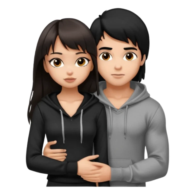 generate a pretty bratz girl in black cami top, dark brown straight long hair with bangs, eyeliner on, 

hugging a handsome muscular boy with black hair and a grey hoodie sticker