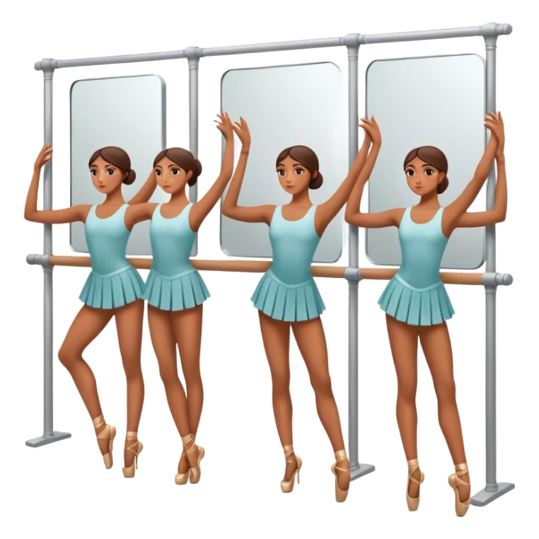 Icon for Choreography: a group of dancers in identical poses, standing by a wall with mirrors, holding a long barre with one hand. The icon should capture the discipline and synchronized movement of dance training. Transparent background. sticker