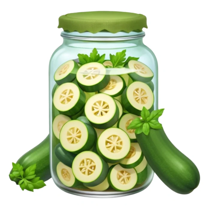 A homemade-style jar with sliced zucchini and herbs under a cloth cap.









 sticker