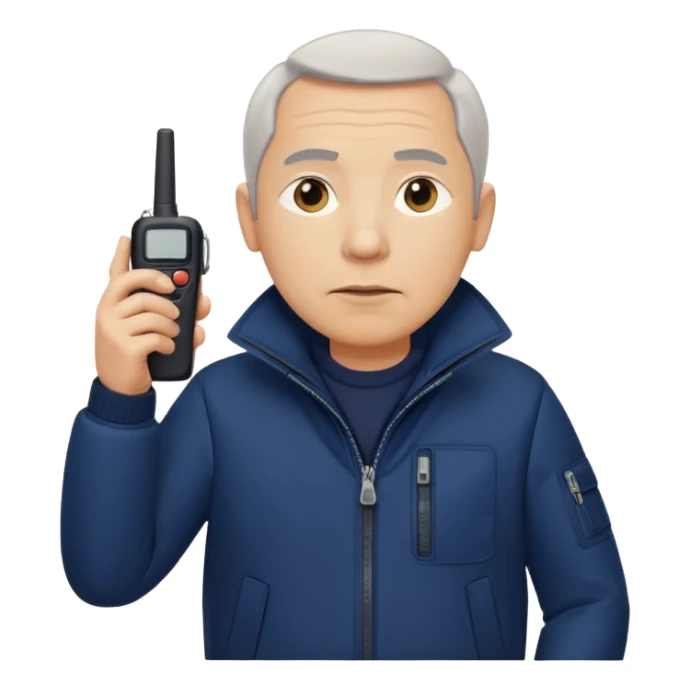 Security, Middle-aged, wearing navy blue jacket, serious facial expression, holding walkie-talkie, full body sticker