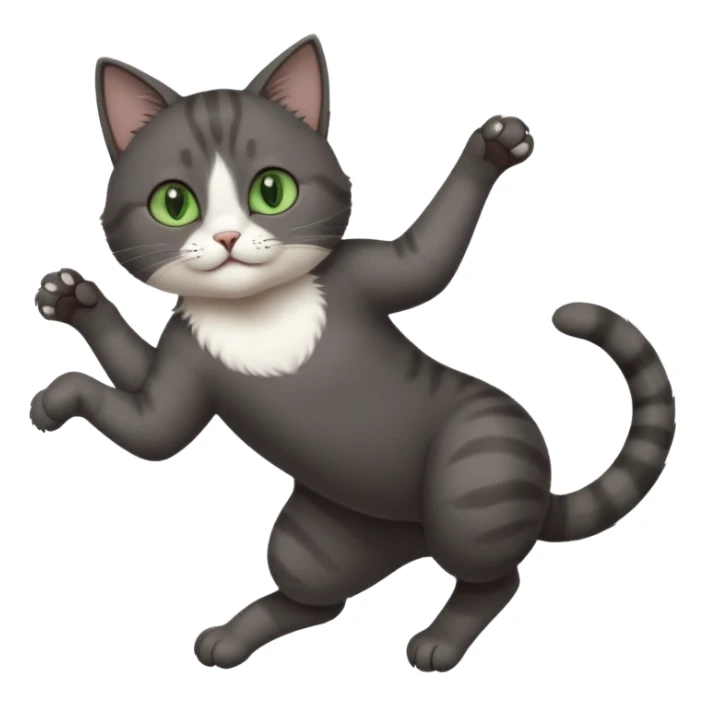 dark grey cat with green eyes, white toes/paws and white patch on her chest playfully rolling upside down sticker