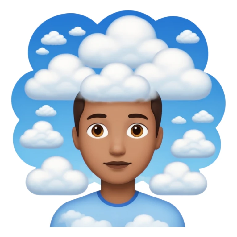 person from shoulders up, front view, composed of small clouds, bright and recognizable sticker