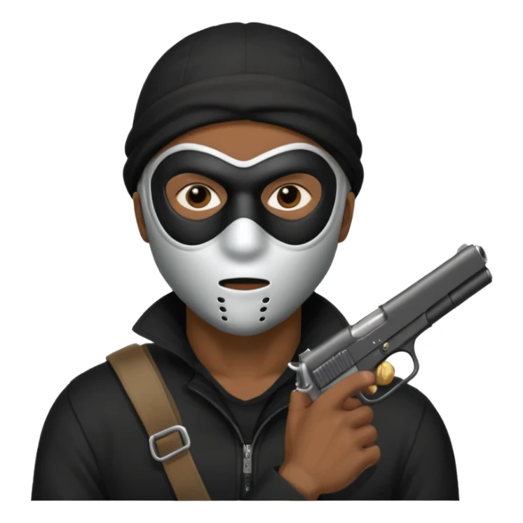 A black male in a robber mask with a gun sticker