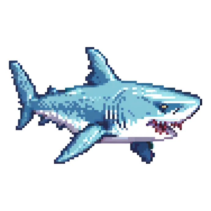 a shark in pixel art style, compact and expressive sticker