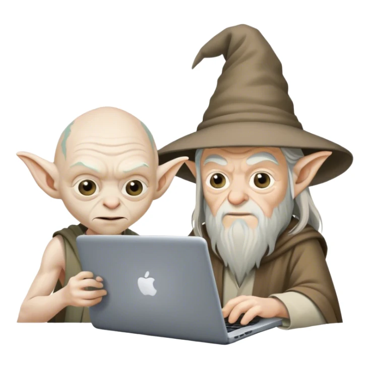 gollum and gandalf working with laptop sticker