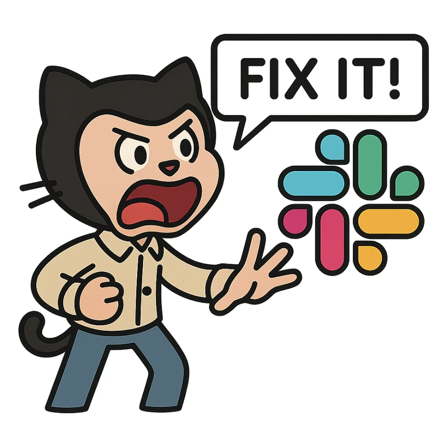 Add a speech bubble with the text 'Fix it!' to the Octocat shouting at the Slack logo, keep the style consistent with lineal color icon with black outlines. sticker