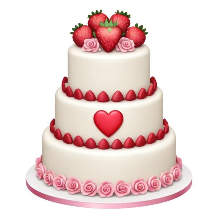 white wedding cake with strawberries, pink roses, heart topper sticker