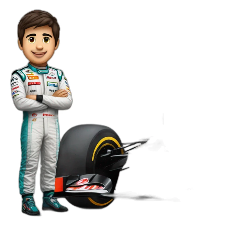 Checo Pérez junto a su carro de fórmula 1 sticker