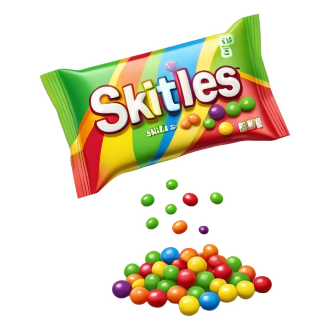 A Skittles candy package opened from the top with green candies spilling out. Minimalist design with rainbow packaging. sticker
