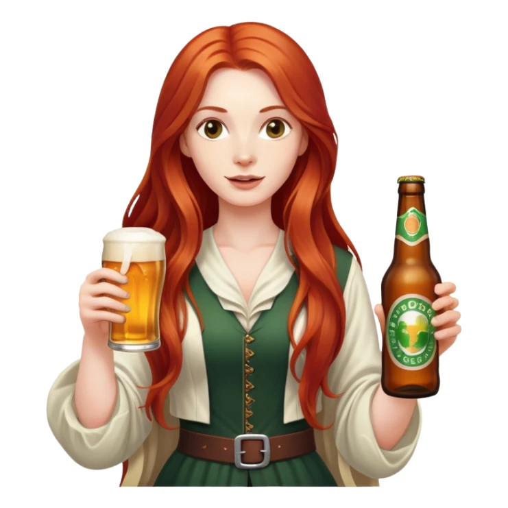 Character with flowing long red hair and a beer bottle sticker